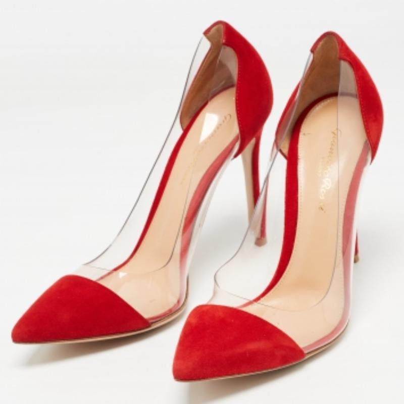 Escarpins Gianvito Rossi en daim rouge et PVC Gianvito 105 Taille 38 en vente 3