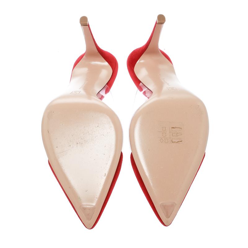 Gianvito Rossi Red Suede and PVC Plexi Pointed Toe Mule Sandals Size 37.5 In Good Condition In Dubai, Al Qouz 2