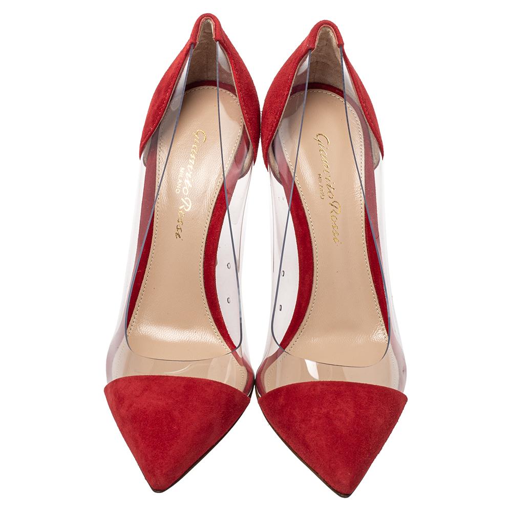Beige Gianvito Rossi Red Suede And PVC Plexi Pointed Toe Pumps Size 35