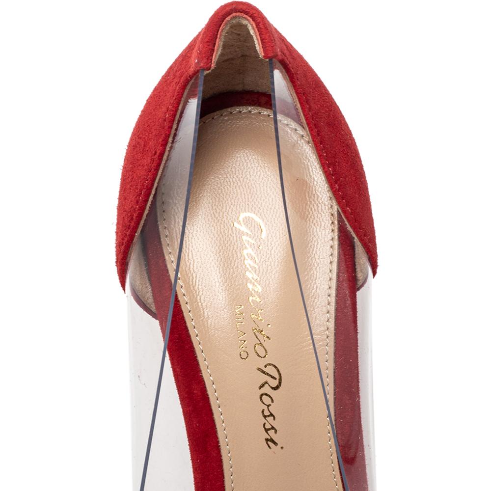 Women's Gianvito Rossi Red Suede And PVC Plexi Pointed Toe Pumps Size 35