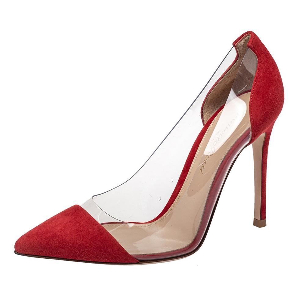 Gianvito Rossi Red Suede And PVC Plexi Pointed Toe Pumps Size 35