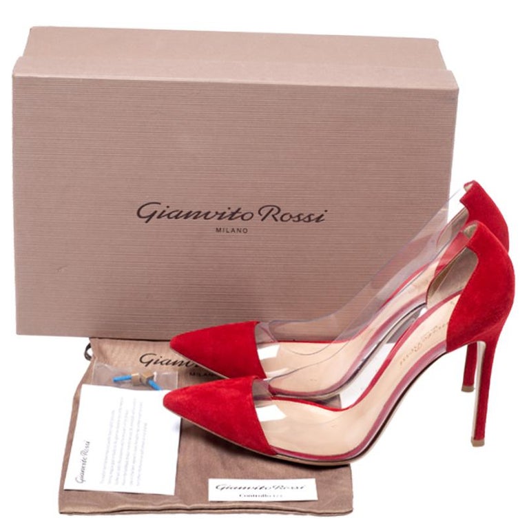 Gianvito Rossi Red Suede and PVC Plexi Pointed Toe Pumps Size 38 For