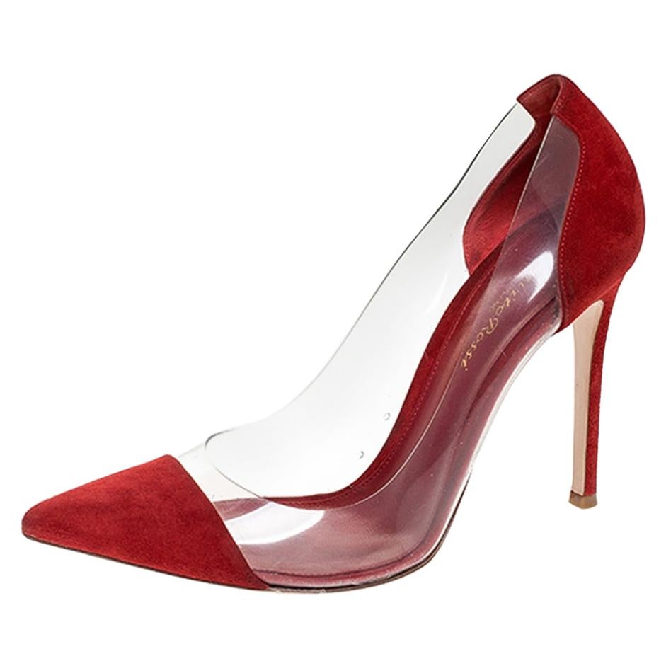 Gianvito Rossi Red Suede And PVC Plexi Pointed Toe Pumps Size 38
