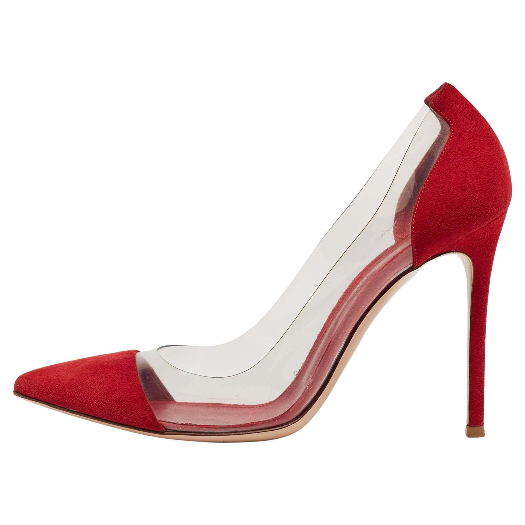 Gianvito Rossi Red Suede and PVC Plexi Pumps Size 38.5 For Sale