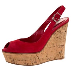 Gianvito Rossi Red Suede Leather Cork Wedge Peep Toe Platform Sandals Size 38.5