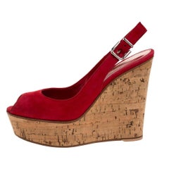 Gianvito Rossi Red Suede Leather Cork Wedge Platform Slingback Sandals Size 38.5