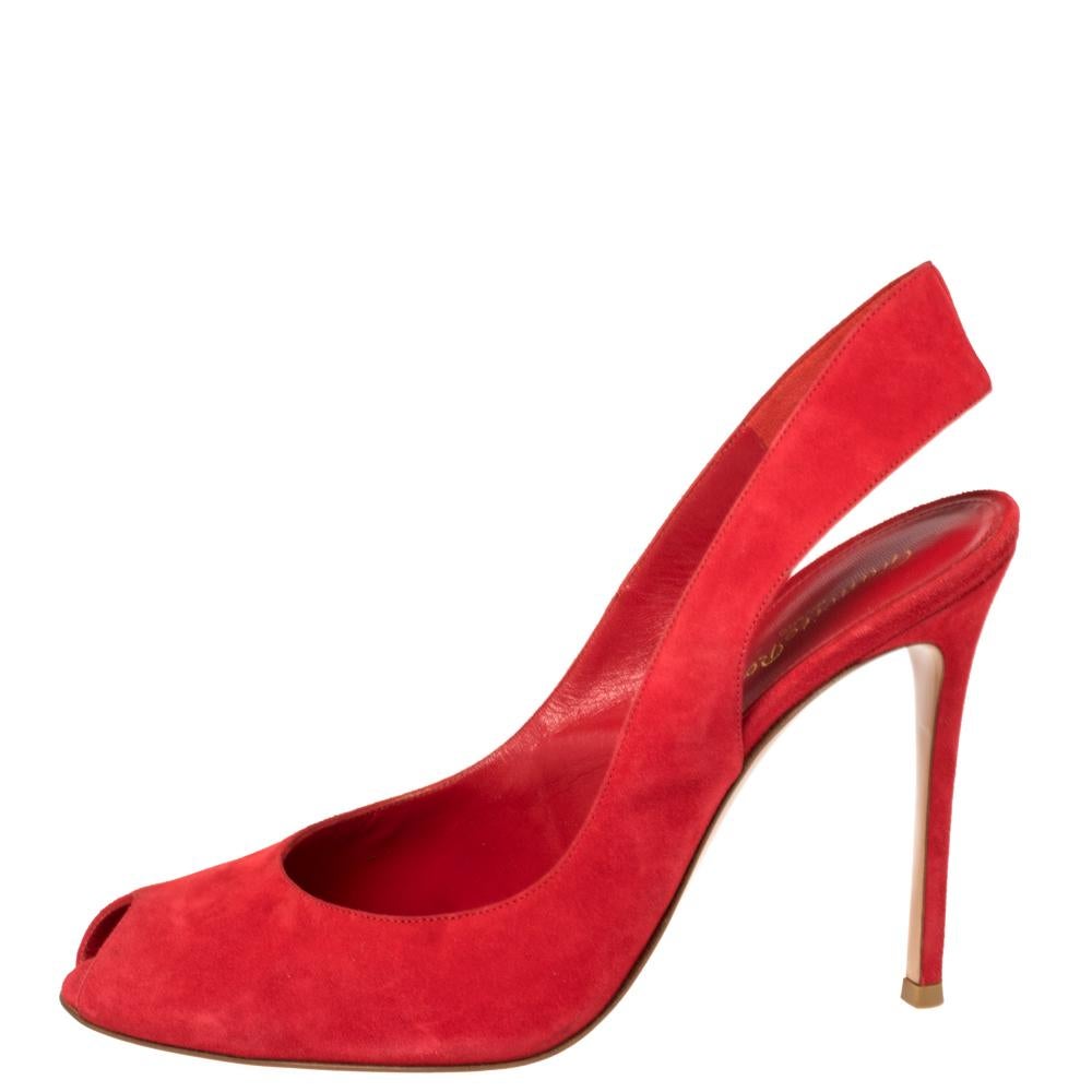 Gianvito Rossi Red Suede Leather Peep Toe Slingback Sandals Size 41 In Good Condition In Dubai, Al Qouz 2