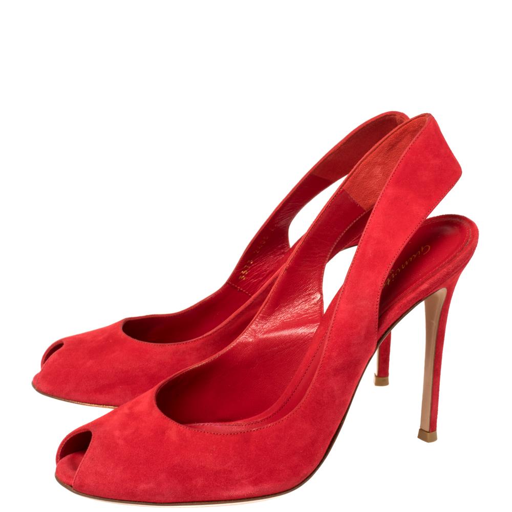 Gianvito Rossi Red Suede Leather Peep Toe Slingback Sandals Size 41 1