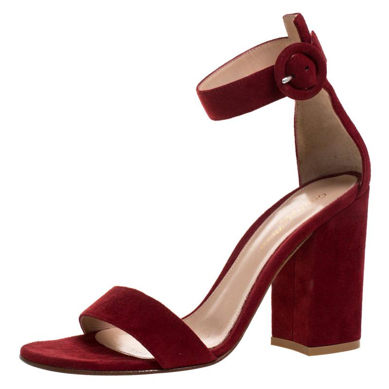 Gianvito Rossi Red Suede Leather Versilia Ankle Strap Sandals Size 37