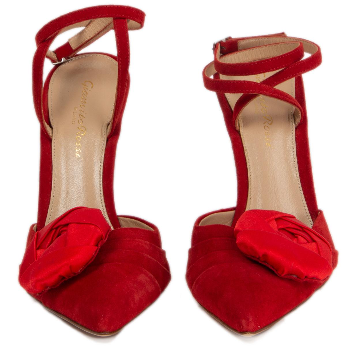 100% authentic Gianvito Rossi pointed-toe ankle-strap pumps in red suede embellished with a red satin rose. Buckle closure around the ankle. Brand new. 

Measurements
Imprinted Size	37
Shoe Size	37
Inside Sole	24cm (9.4in)
Width	7.5cm