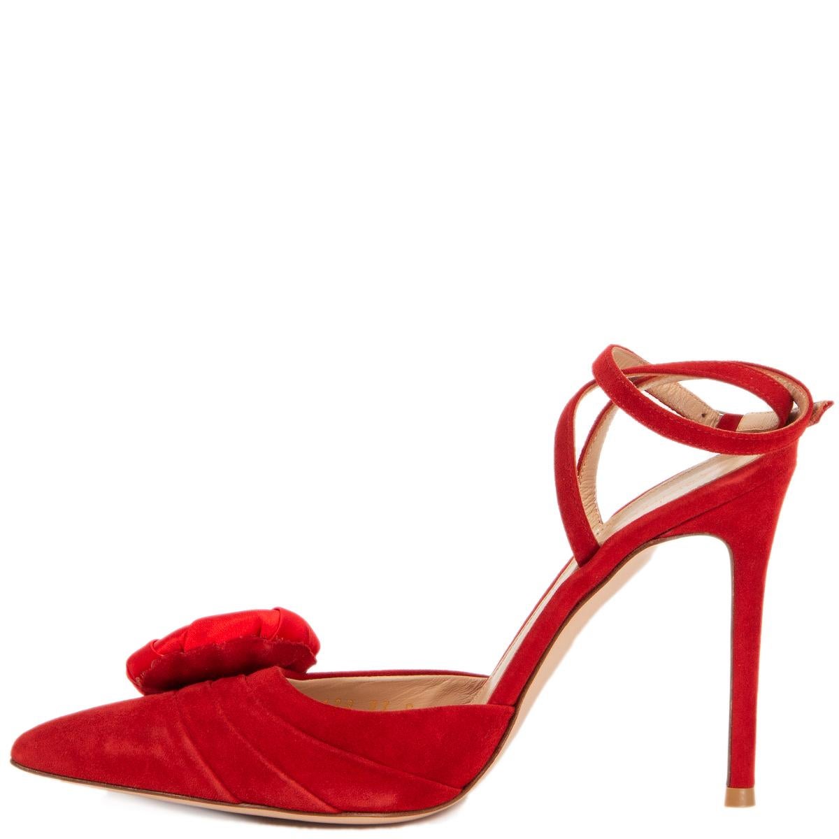 Red GIANVITO ROSSI red suede SATIN ROSE ANKLE STRAP PUMPS Shoes 37 For Sale