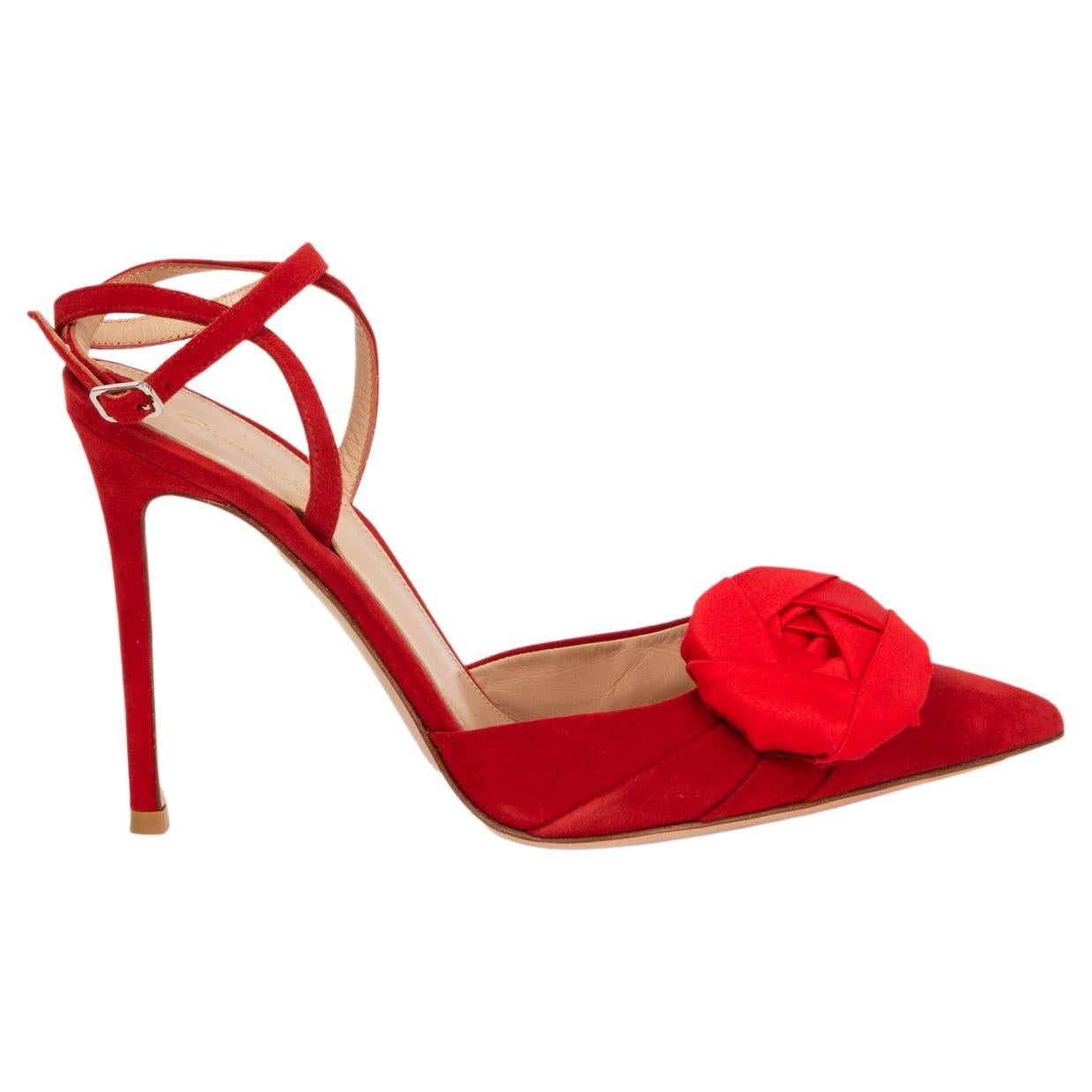 GIANVITO ROSSI red suede SATIN ROSE ANKLE STRAP PUMPS Shoes 37 For Sale