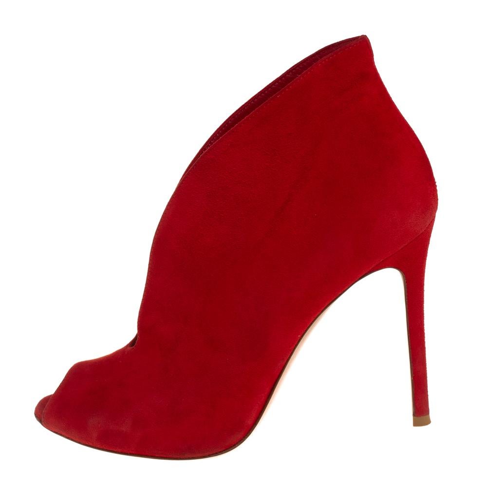 red suede open toe booties