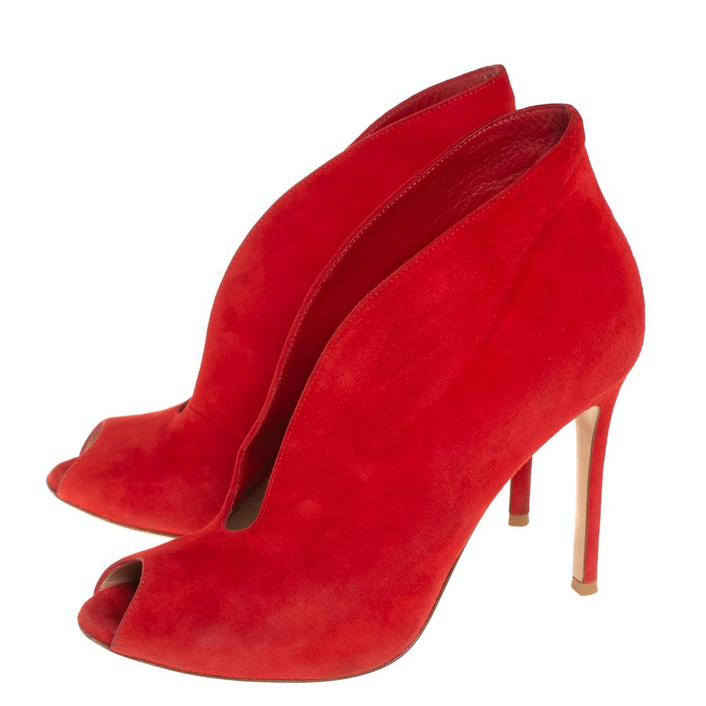 red suede peep toe booties