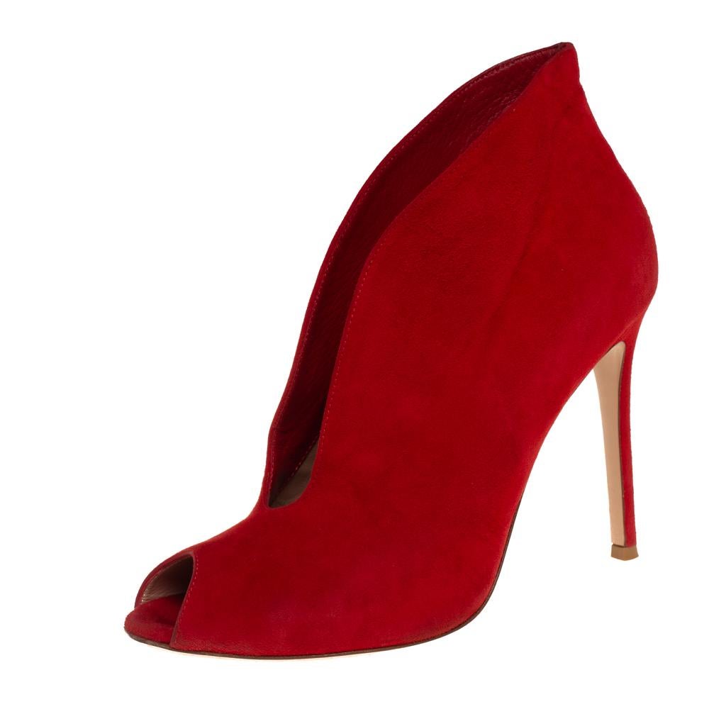 Gianvito Rossi Red Suede Vamp Peep Toe Booties Size 38