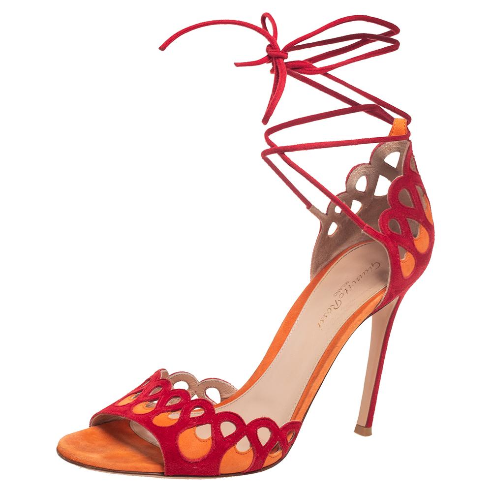 Gianvito Rossi Red/Yellow Suede Samba Ankle Wrap Sandals Size 39