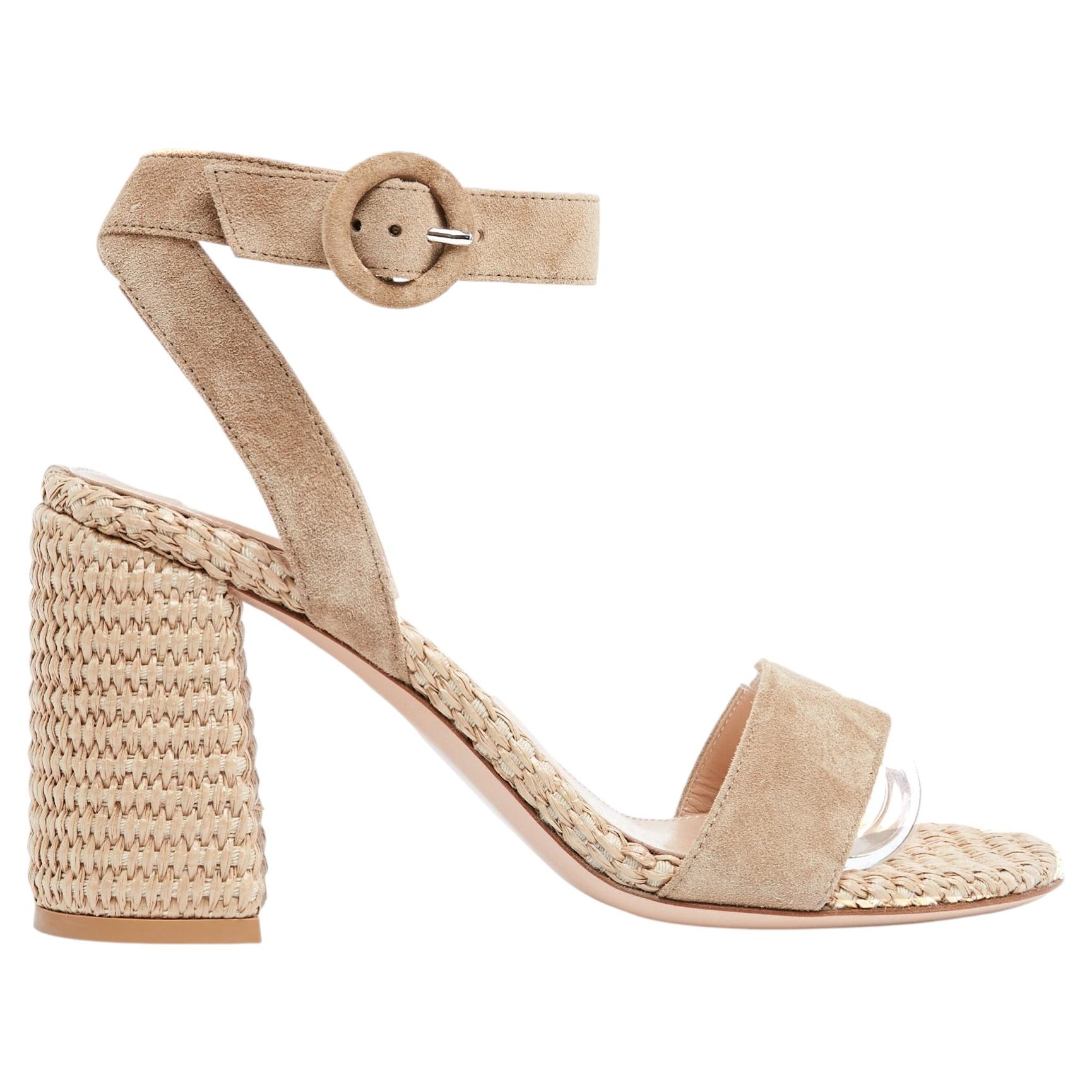 Gianvito Rossi Sandales Luana EU38.5 Beige Suede Raffia Sandals Heels UK5.5 US8