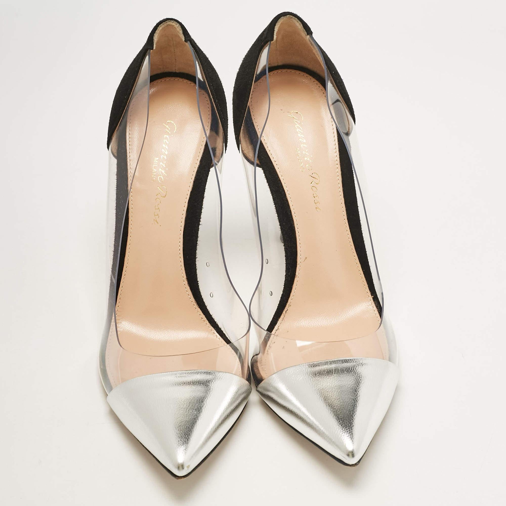 Beige Gianvito Rossi Silver/Black Leather  Suede and PVC Plexi Pumps Size 36.5 For Sale