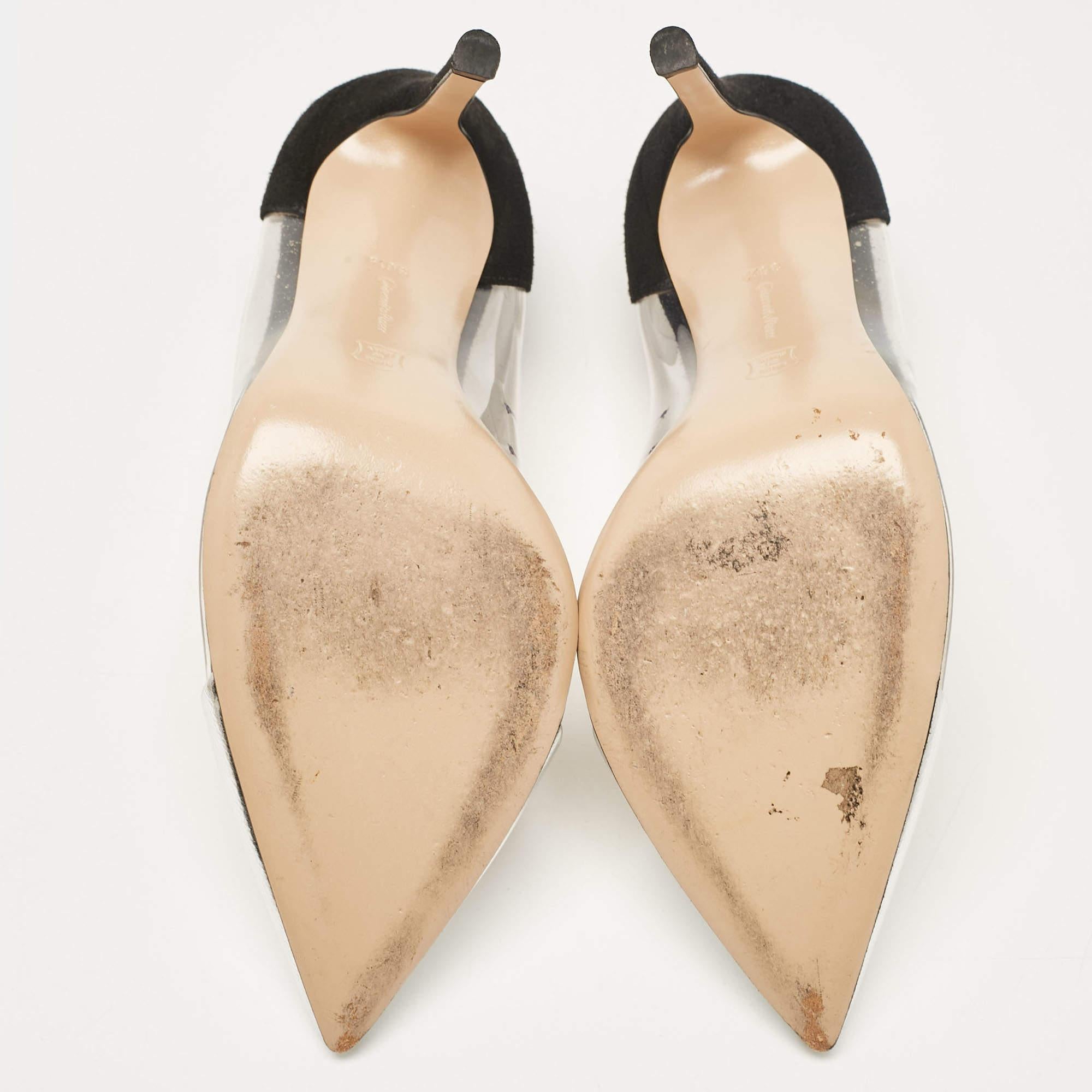 Gianvito Rossi Silver/Black Leather  Suede and PVC Plexi Pumps Size 36.5 For Sale 1