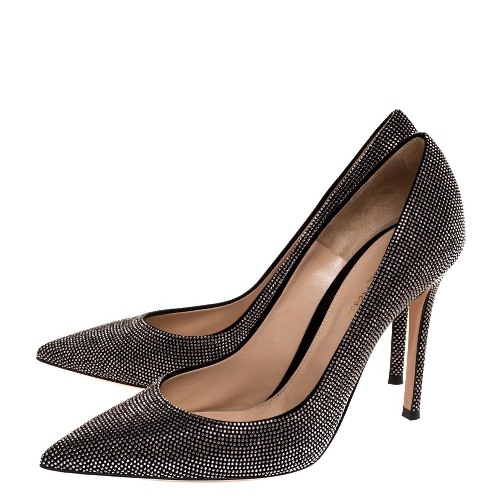 Women's Gianvito Rossi Silver Crystal Embellished Suede Leather Lennox Pointed Toe Pumps