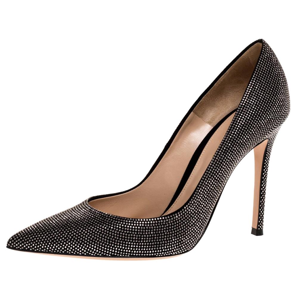 Gianvito Rossi Silver Crystal Embellished Suede Leather Lennox Pointed Toe Pumps