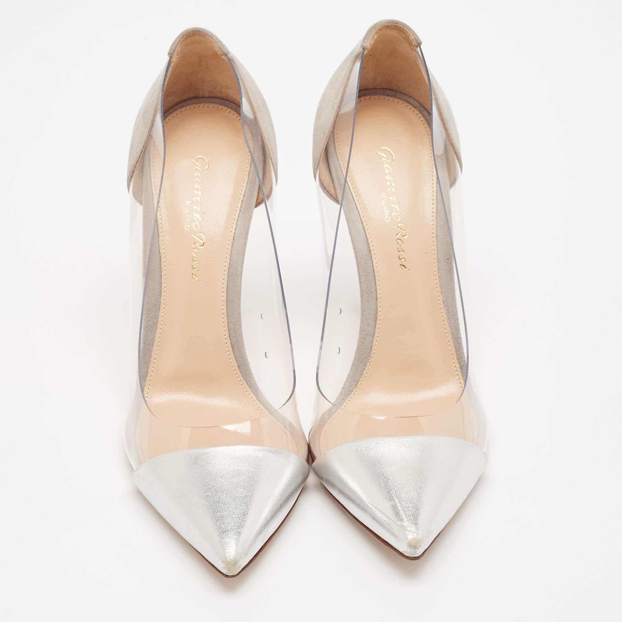 Beige Gianvito Rossi Silver/Grey Leather and PVC Plexi Pumps Size 37