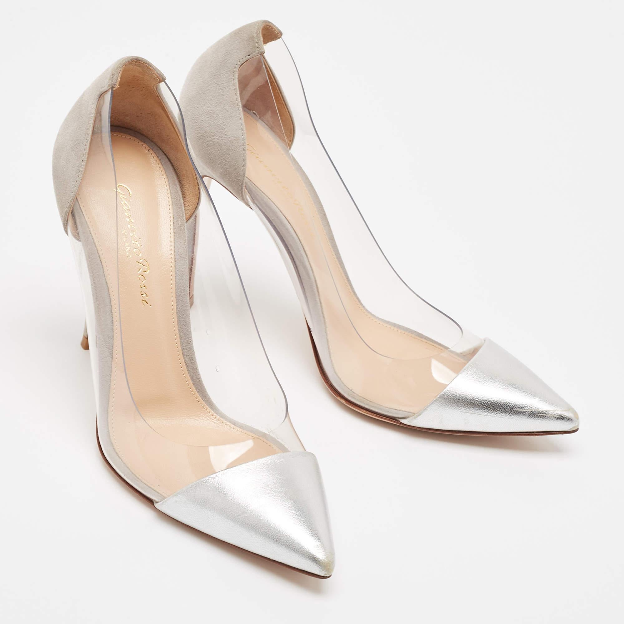 Gianvito Rossi Silver/Grey Leather and PVC Plexi Pumps Size 37 In Good Condition In Dubai, Al Qouz 2