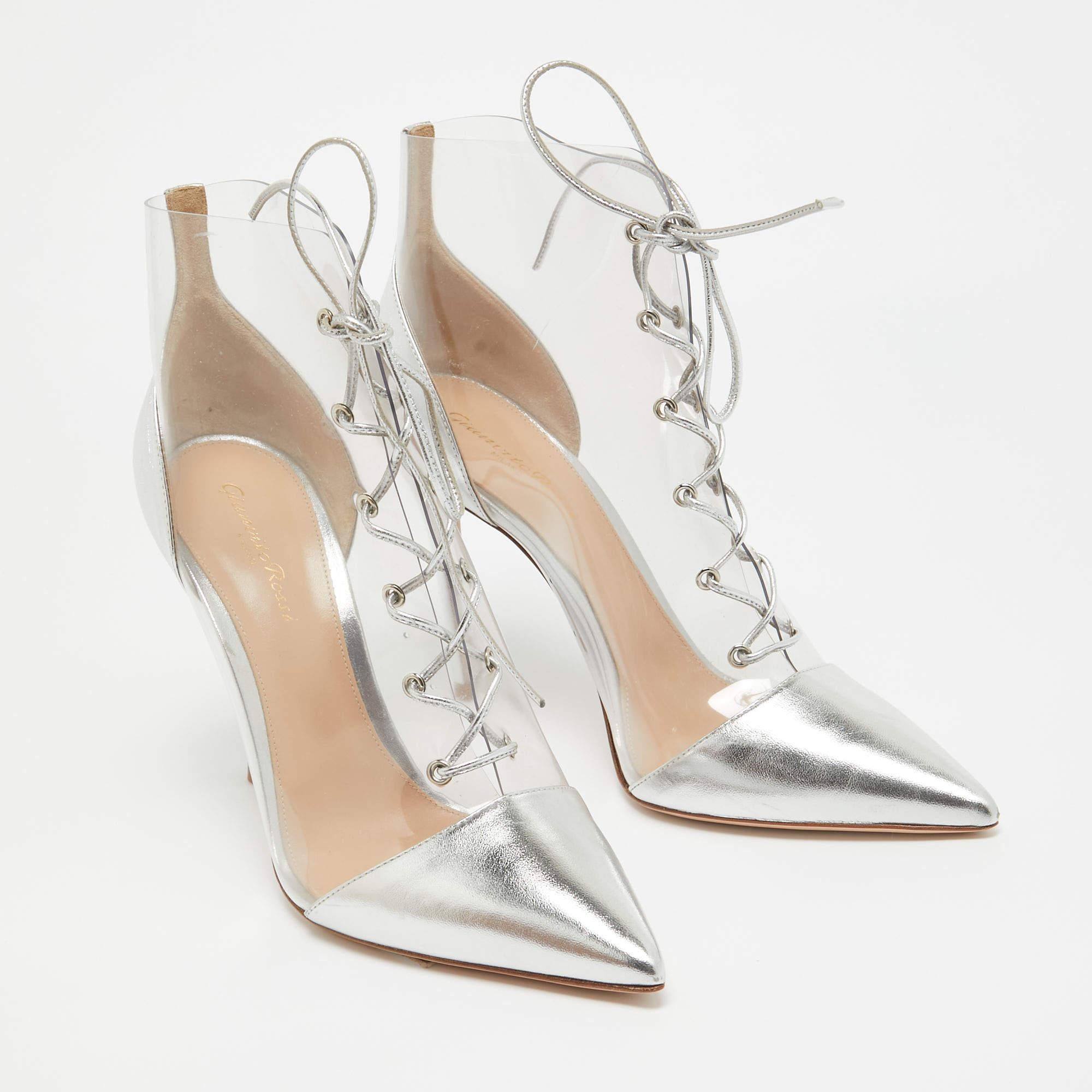 Gianvito Rossi Silver Leather and PVC Icon Ankle Booties Size 40.5 In Excellent Condition For Sale In Dubai, Al Qouz 2