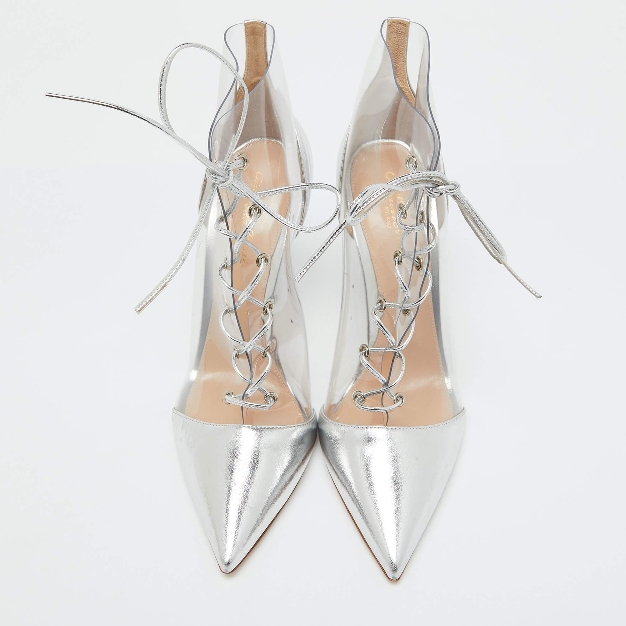 Gianvito Rossi Silver Leather and PVC Icon Ankle Length Boots Size 40 In New Condition In Dubai, Al Qouz 2