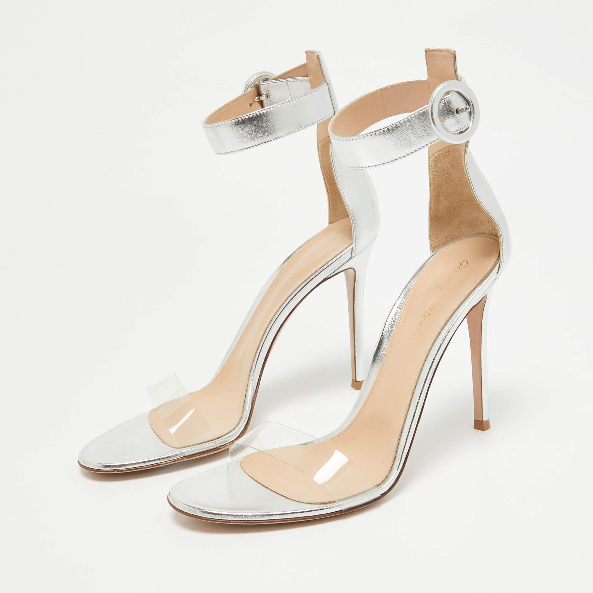 Beige Gianvito Rossi Silver Leather and PVC Portofino Sandals Size 40.5
