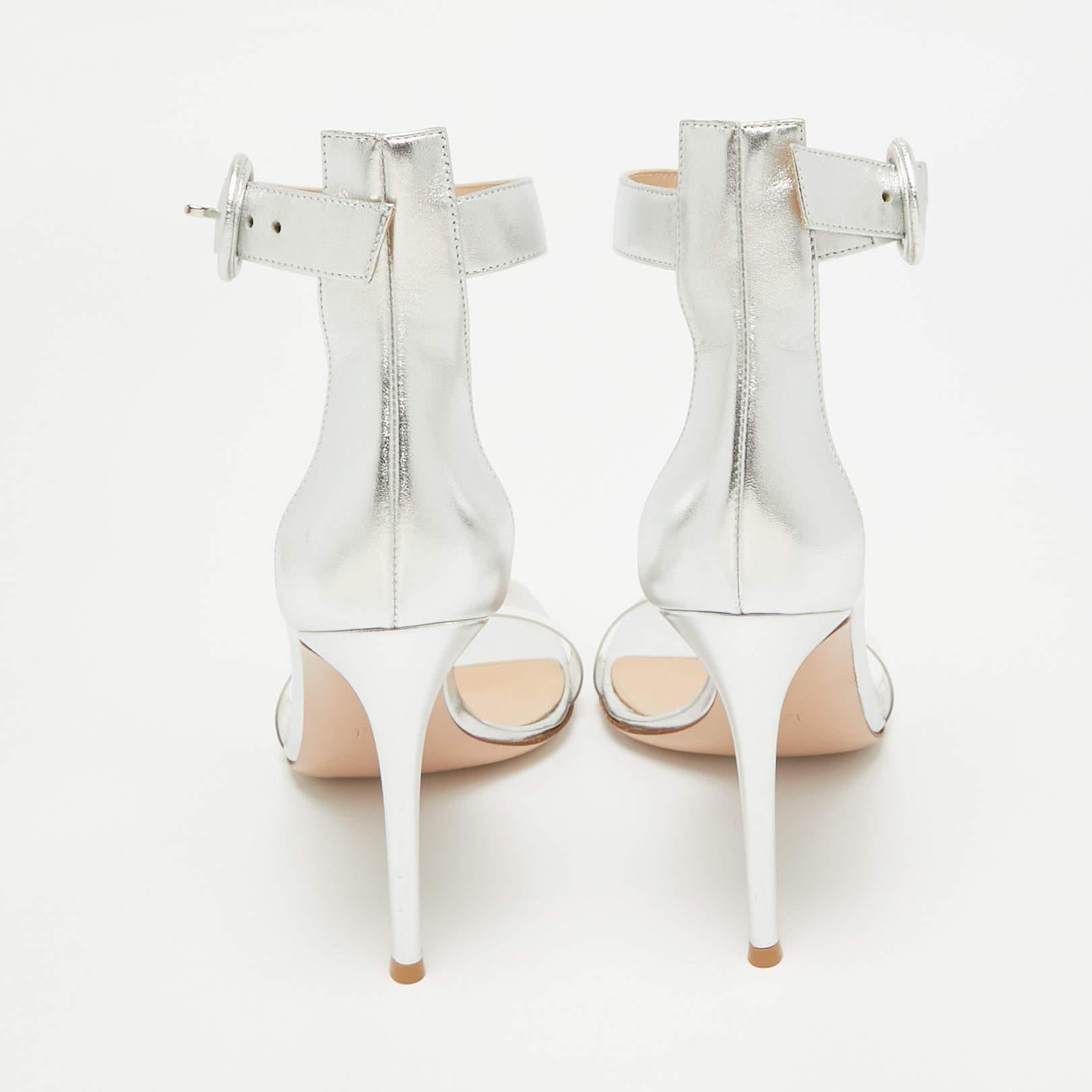 Women's Gianvito Rossi Silver Leather and PVC Portofino Sandals Size 40.5