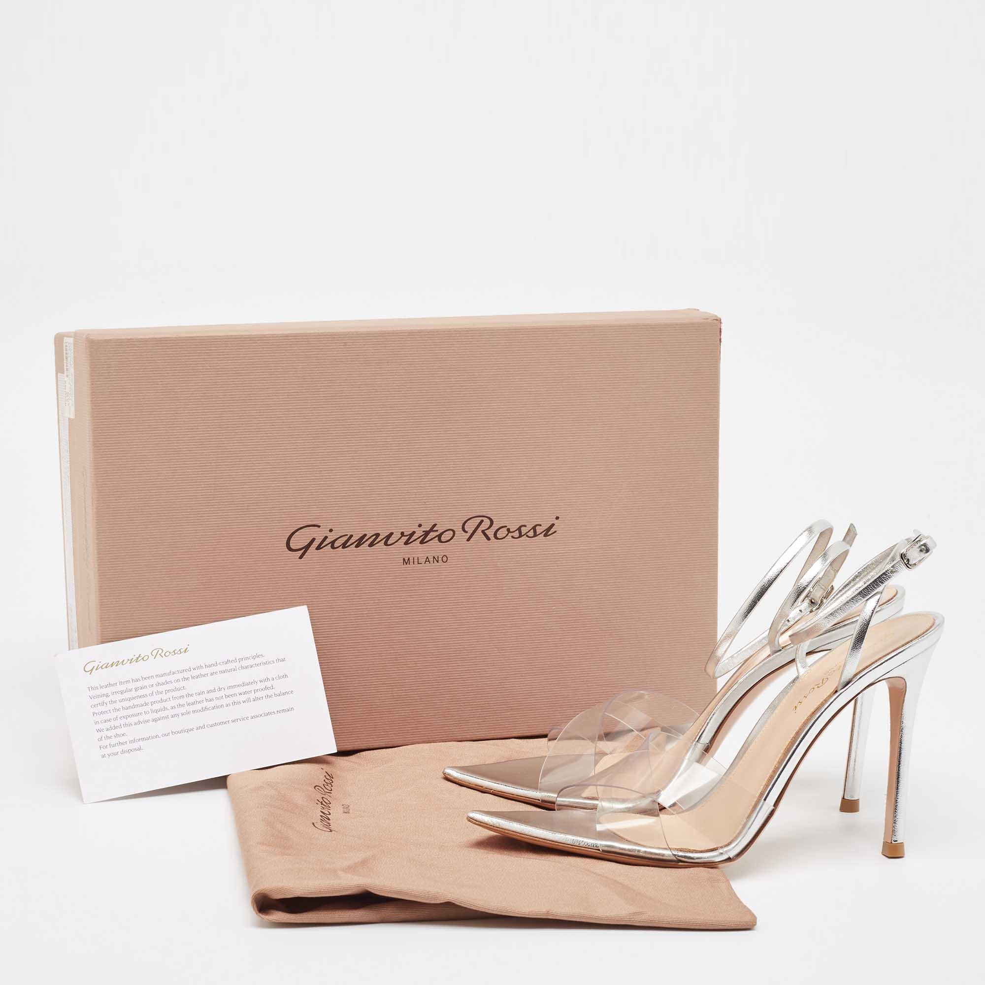 Gianvito Rossi Silver Leather and PVC Stark Sandals Size 35.5 In Good Condition For Sale In Dubai, Al Qouz 2