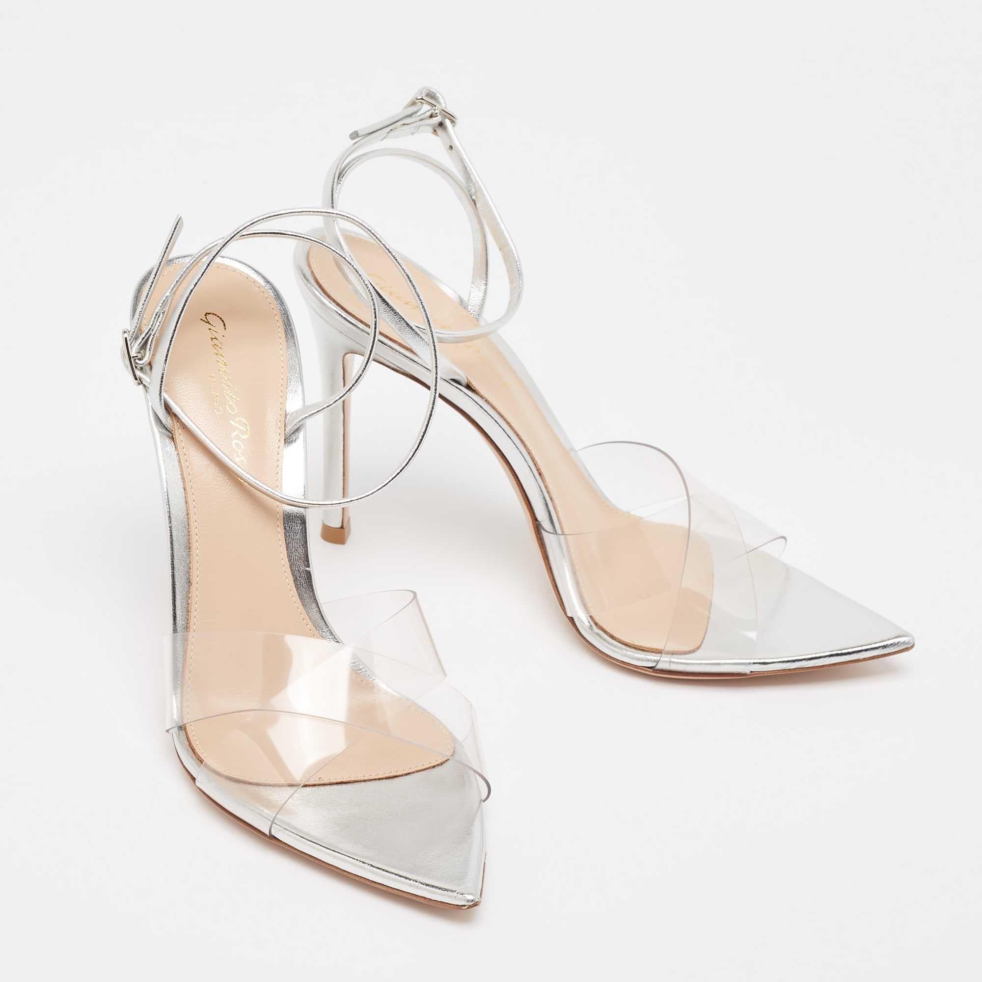 Gianvito Rossi Silver Leather and PVC Stark Sandals Size 35.5 For Sale 1
