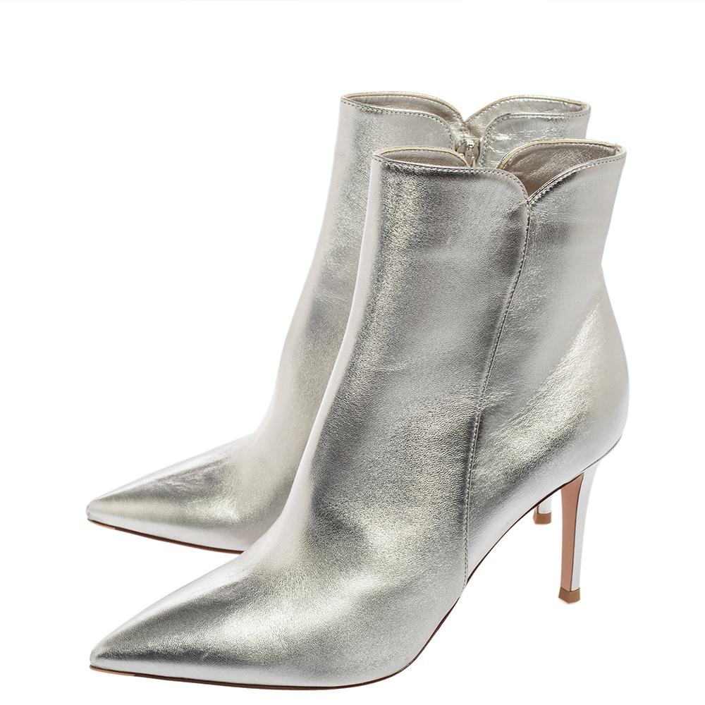 Gianvito Rossi Silver Leather Ankle Boots Size 39.5 1