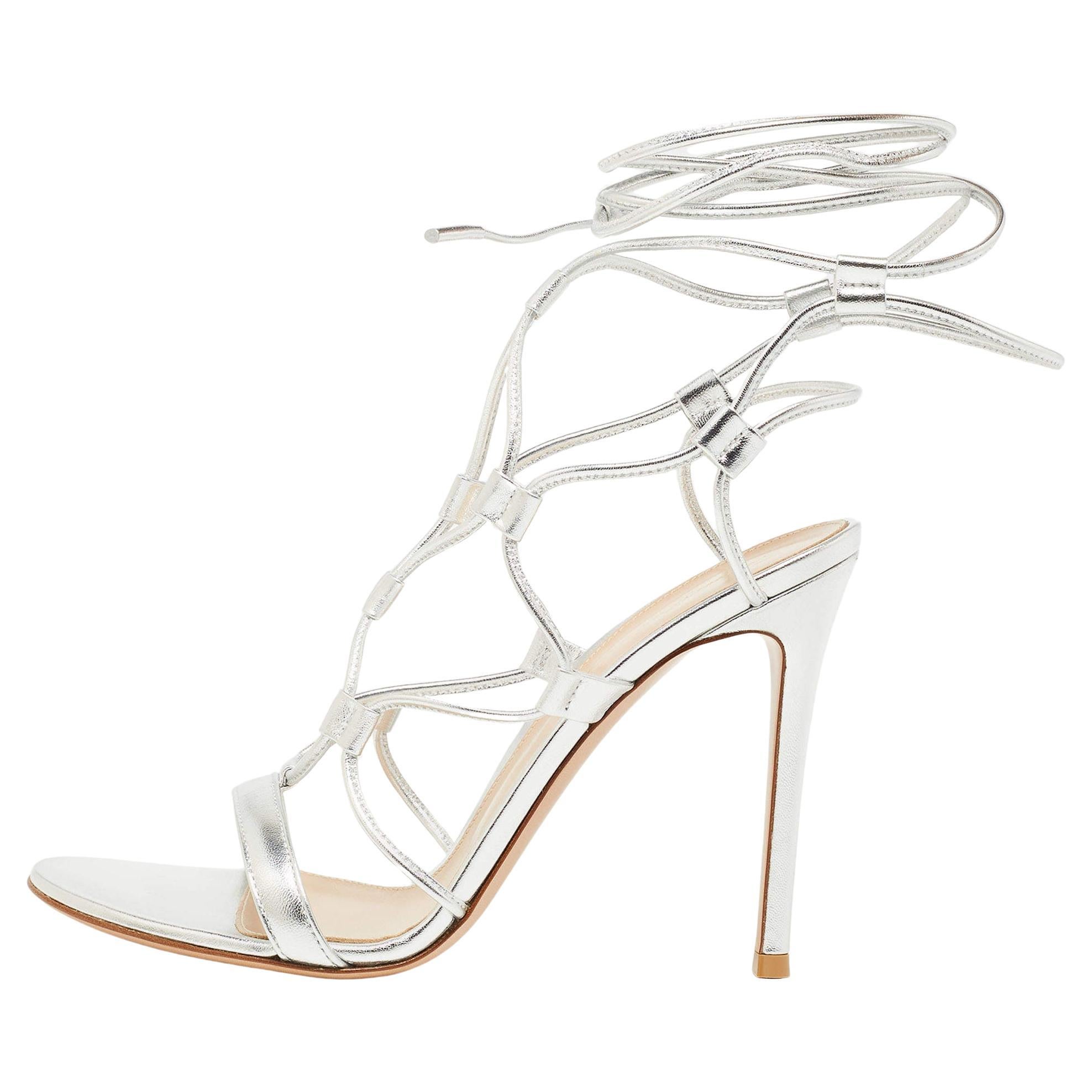 Gianvito Rossi Silver Leather Giza Ankle Wrap Sandals Size 40.5 For Sale