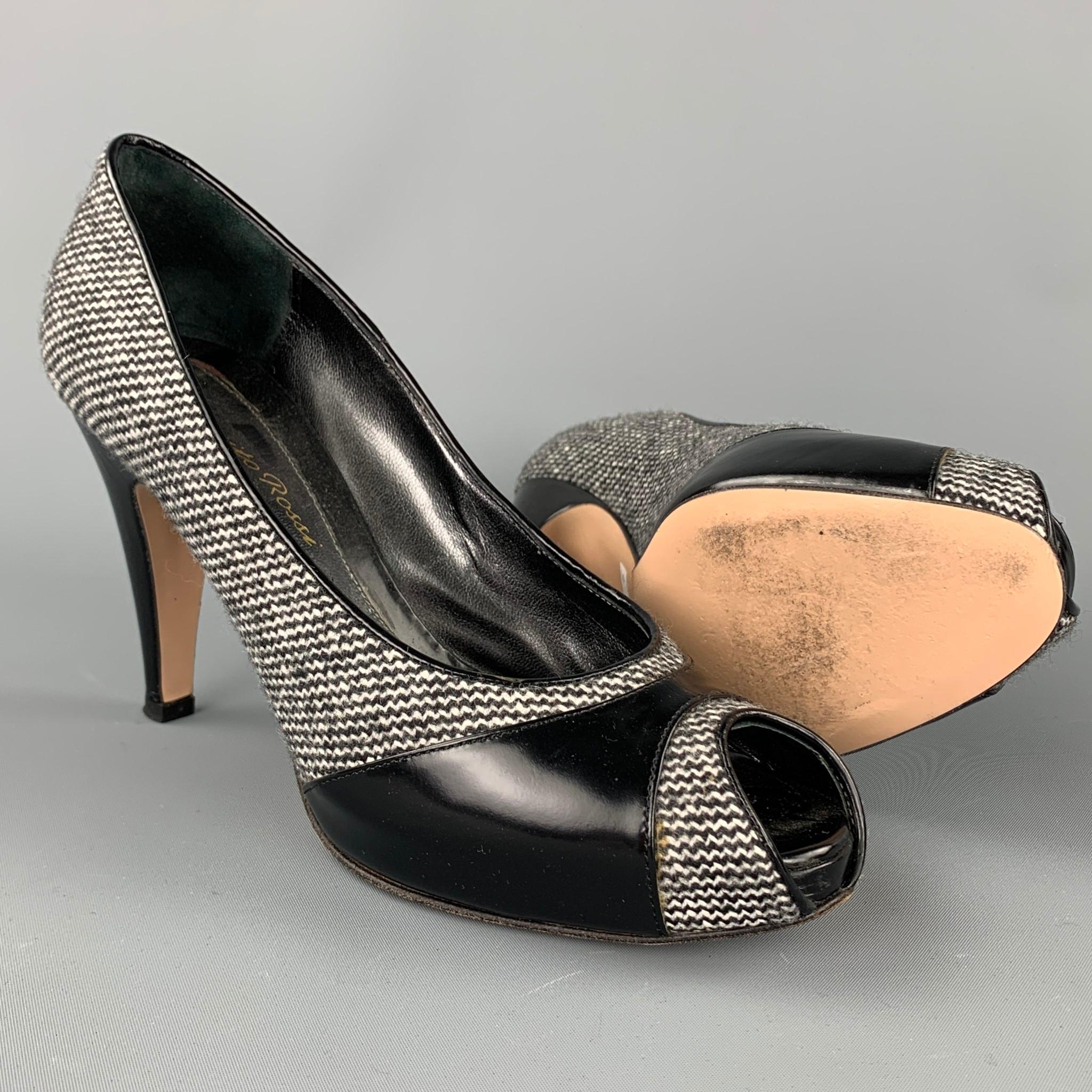 Black GIANVITO ROSSI Size 7 Grey Tweed Patent Leather Tweed Open Toe Pumps