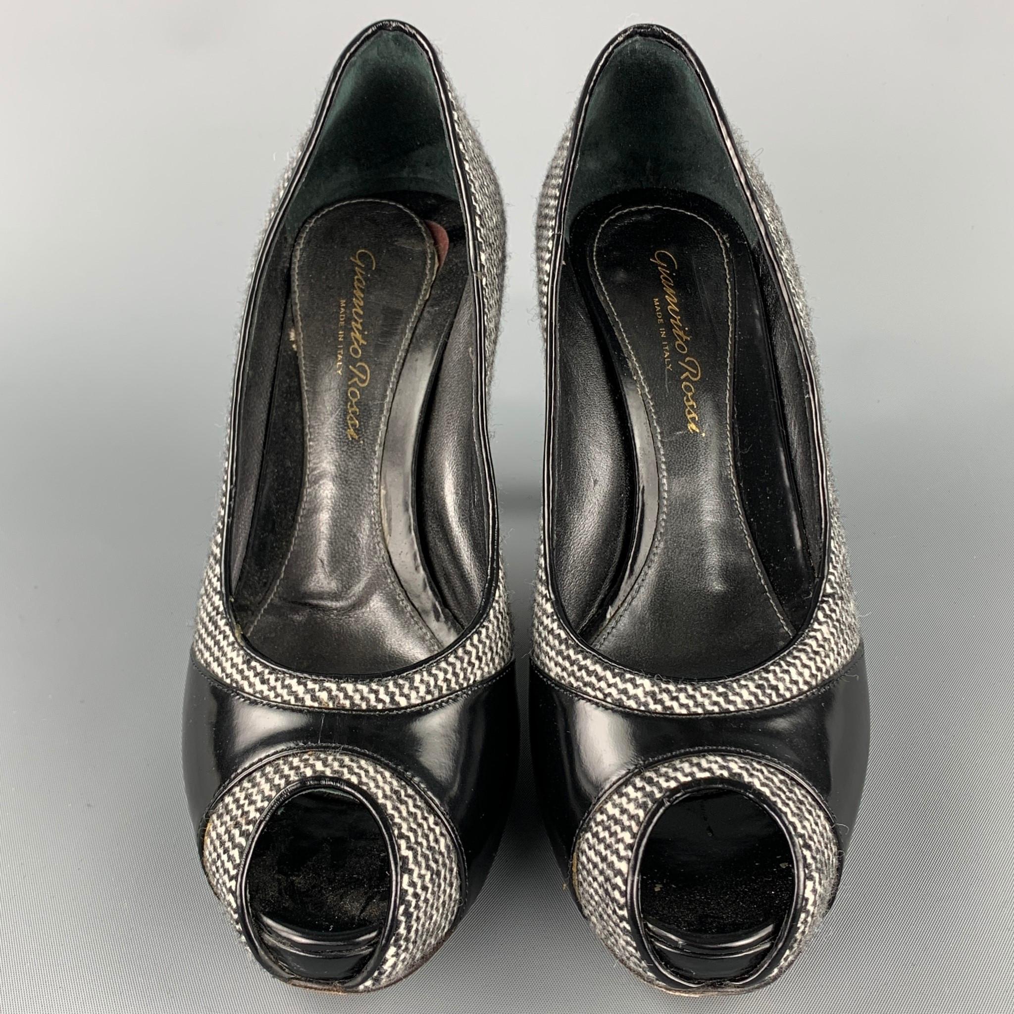 GIANVITO ROSSI Size 7 Grey Tweed Patent Leather Tweed Open Toe Pumps In Good Condition In San Francisco, CA