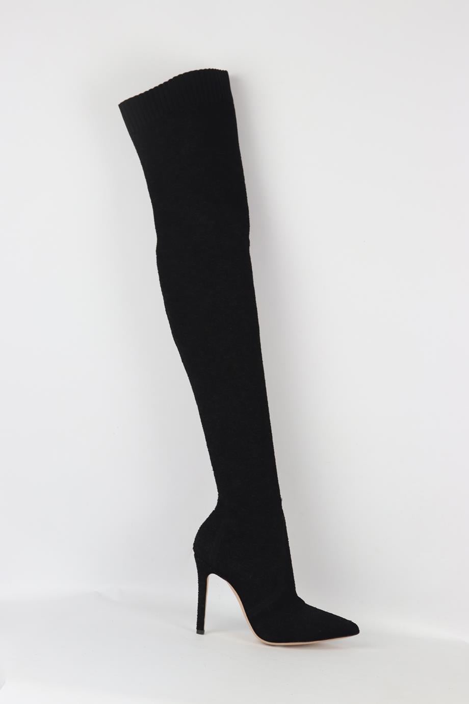 Gianvito Rossi stretch knit over the knee boots. Black. Pull on. Does not come with dustbag or box. Size: EU 38 (UK 5, US 8). Insole: 9.6 in. Heel Height: 3.7 in. Platform: 0.4 in. Shaft: 21.5 in. Thigh: 15.6 in. New without box.