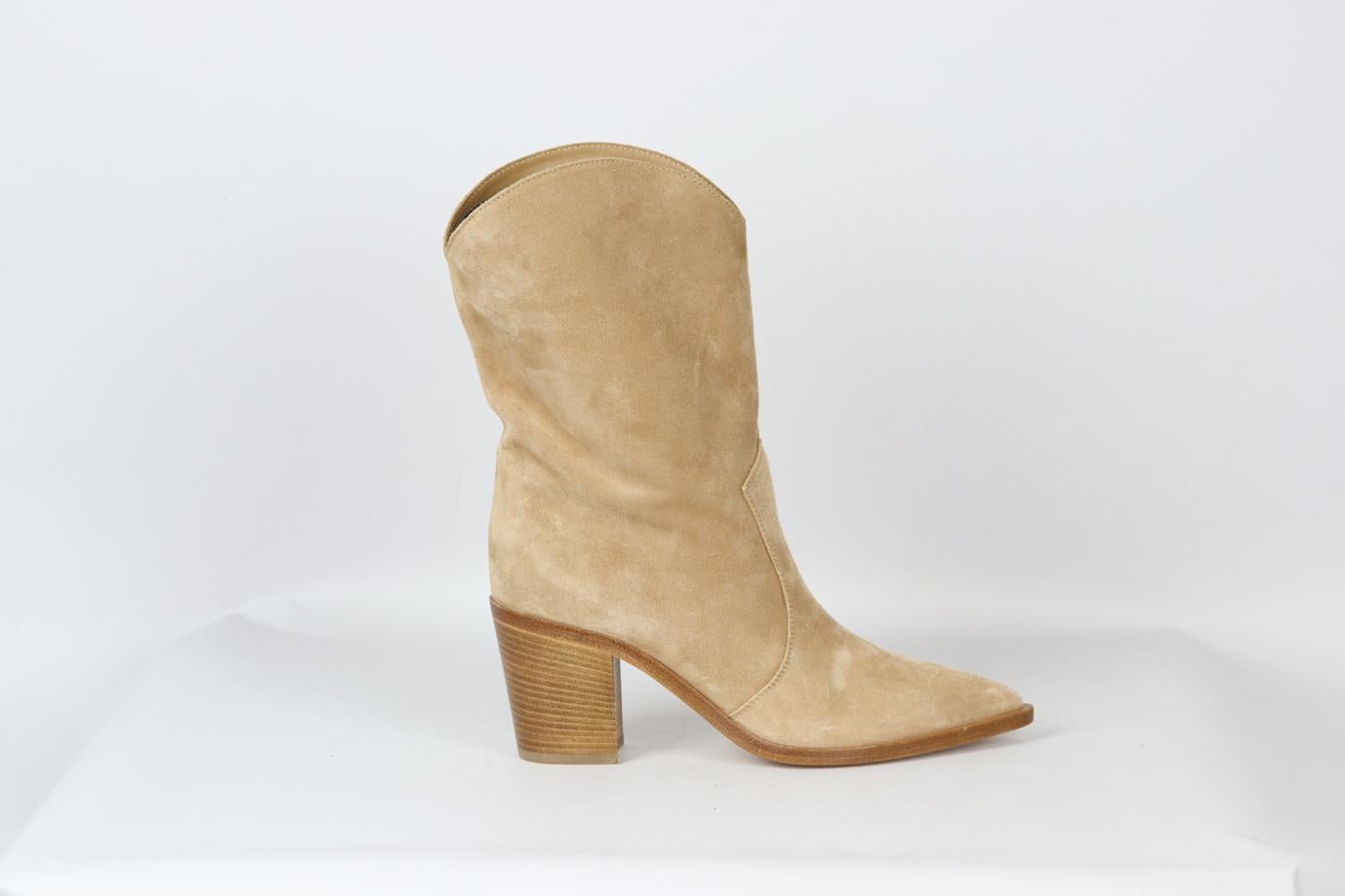 Gianvito Rossi suede boots. Blush. Pull on. Does not come with dustbag or box. Size: EU 38 (UK 5, US 8). Heel Height: 2 in. Platform: 0.2 in. Shaft: 7 in. Insole: 9.8 in. New without box