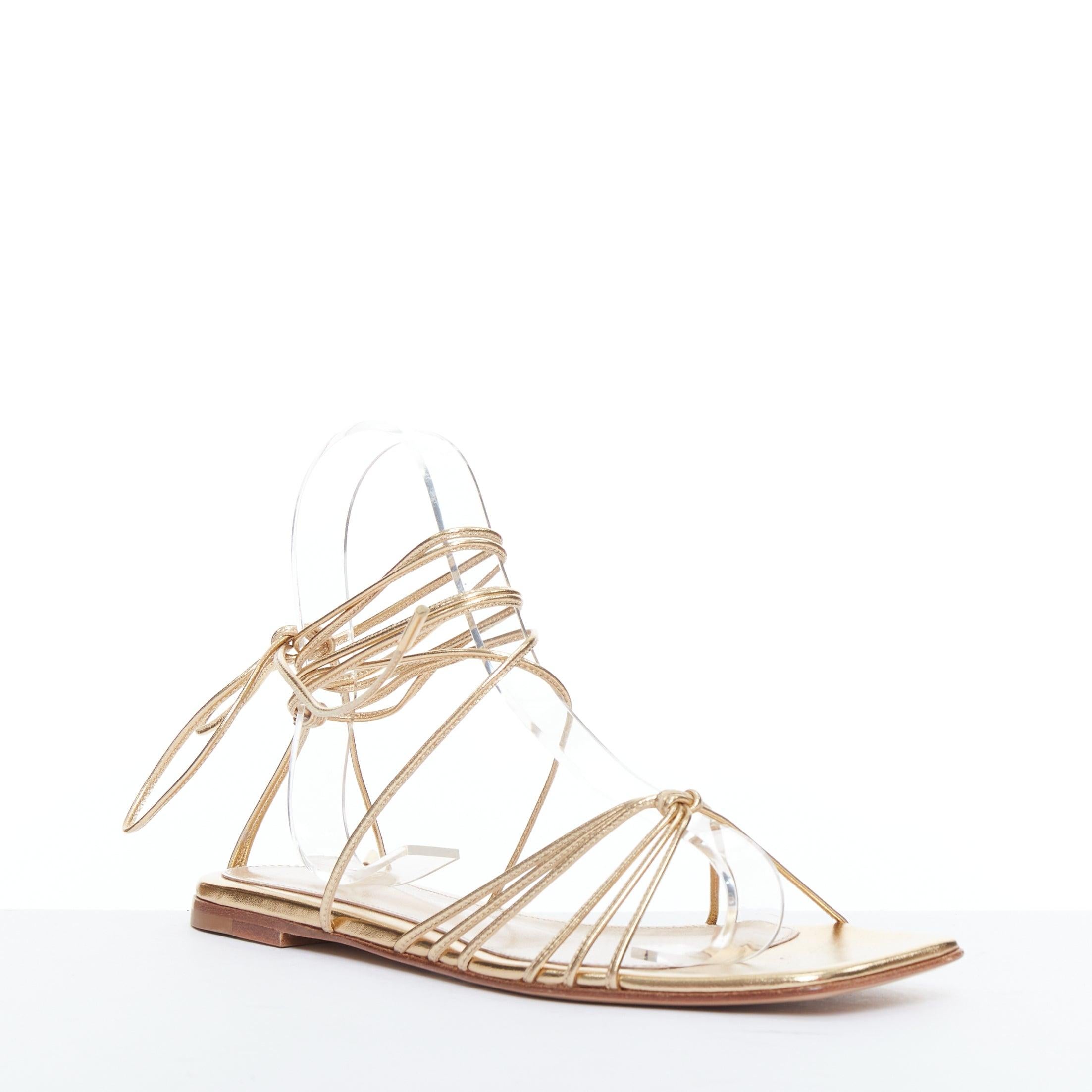 GIANVITO ROSSI Sylvie gold leather strappy flat gladiator sandals EU37.5
Reference: AEMA/A00114
Brand: Gianvito Rossi
Material: Leather
Color: Gold
Pattern: Solid
Closure: Ankle Tie
Lining: Nude Leather
Made in: Italy

CONDITION:
Condition: Very
