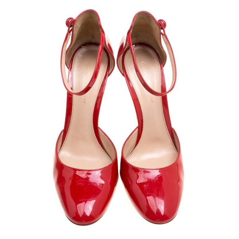 red patent leather ankle strap heels