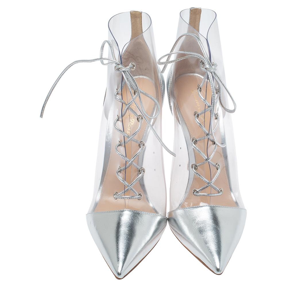 Gianvito Rossi Transparent PVC Silver Leather Plexi Lace Ankle Boot Size 40.5 In New Condition In Dubai, Al Qouz 2