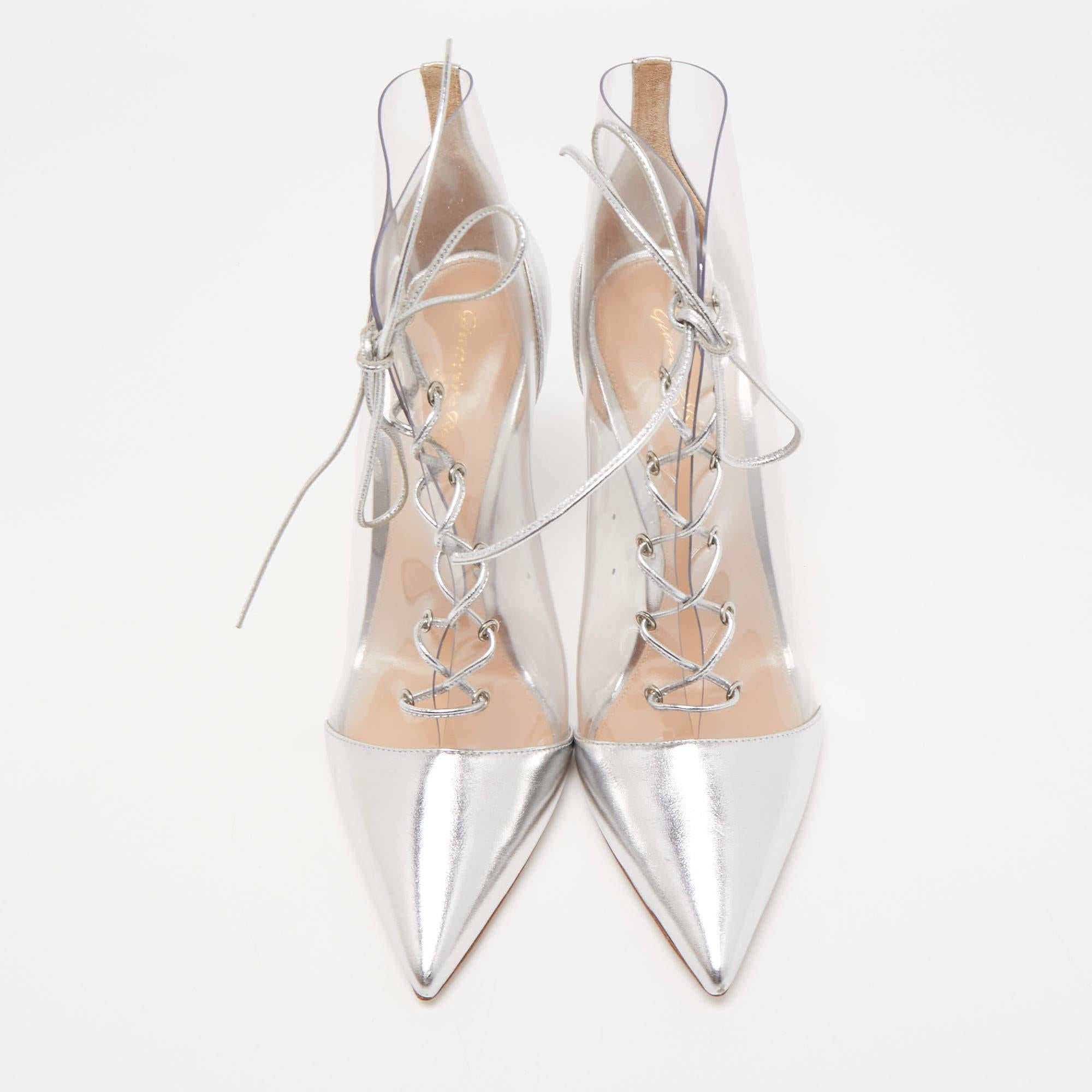 Gray Gianvito Rossi Transparent/Silver PVC and Foil Leather Plexi Lace-Up Ankle 