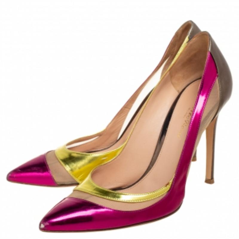 Pink Gianvito Rossi Tri-Color Leather and Mesh Paneled Pointed-Toe Pumps Size 38.5 For Sale