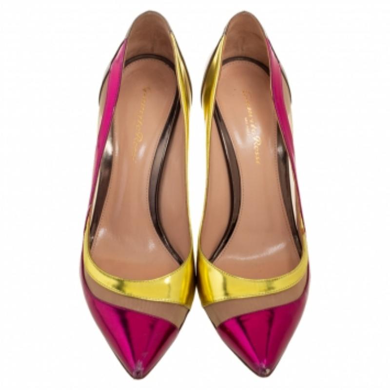 Gianvito Rossi Tri-Color Leather and Mesh Paneled Pointed-Toe Pumps Size 38.5 In Good Condition For Sale In Dubai, Al Qouz 2