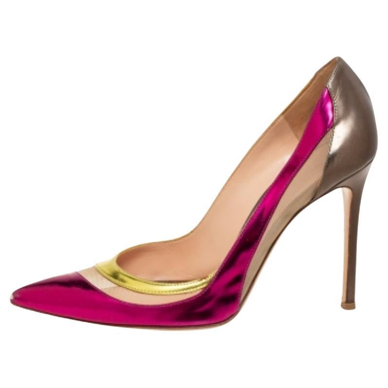Gianvito Rossi Tri-Color Leather and Mesh Paneled Pointed-Toe Pumps Size 38.5 For Sale