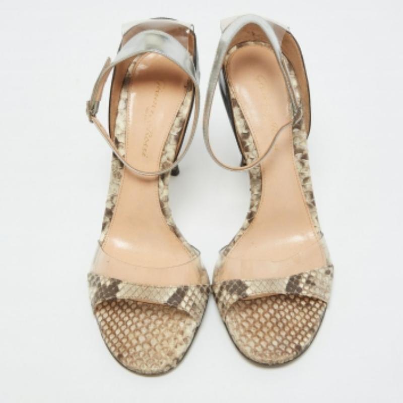 Beige Gianvito Rossi Tricolor Patent Leather, Python & PVC Ankle Strap Sandals Size 38 For Sale