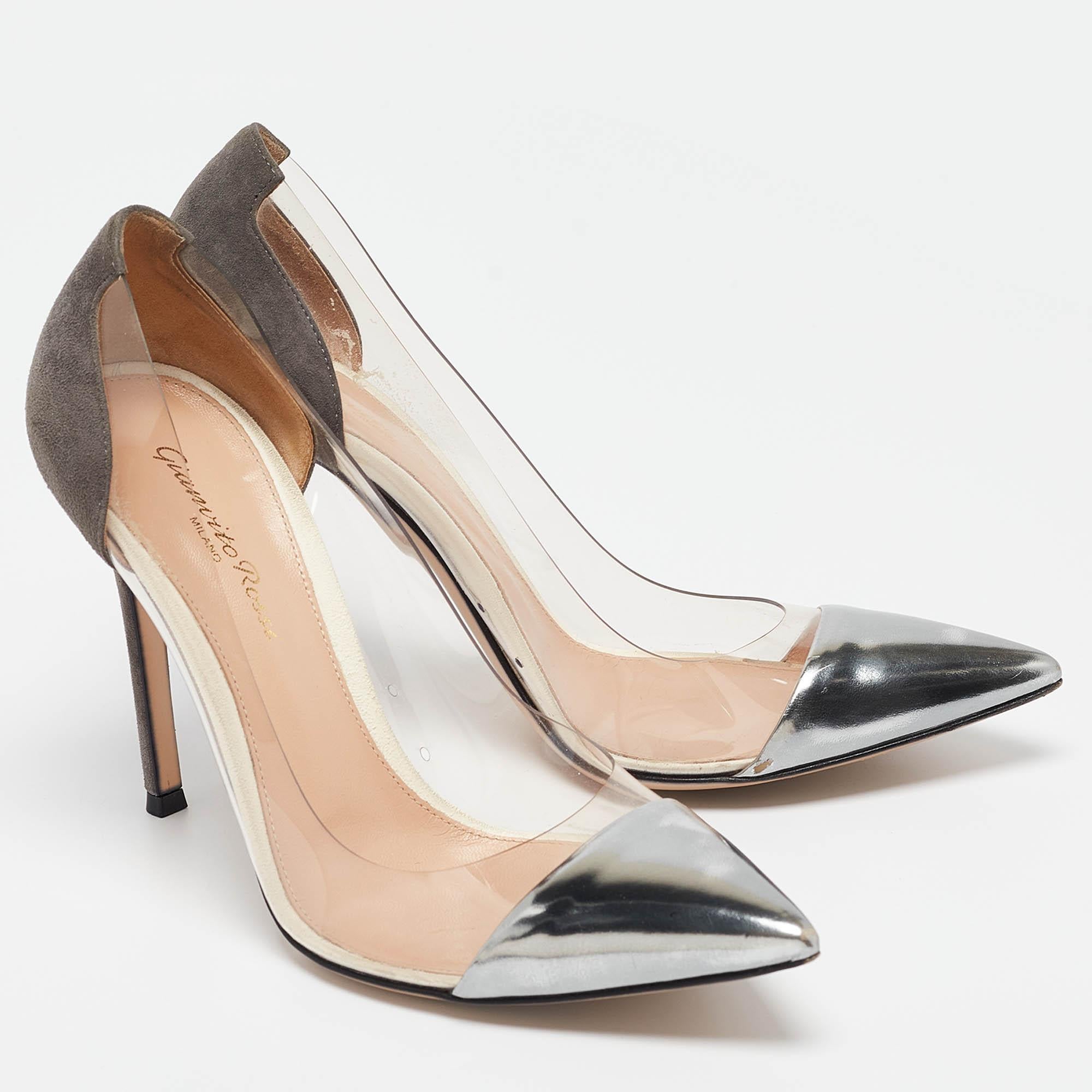 Gianvito Rossi Tricolor Suede and PVC Plexi Pumps Size 38 In Good Condition For Sale In Dubai, Al Qouz 2