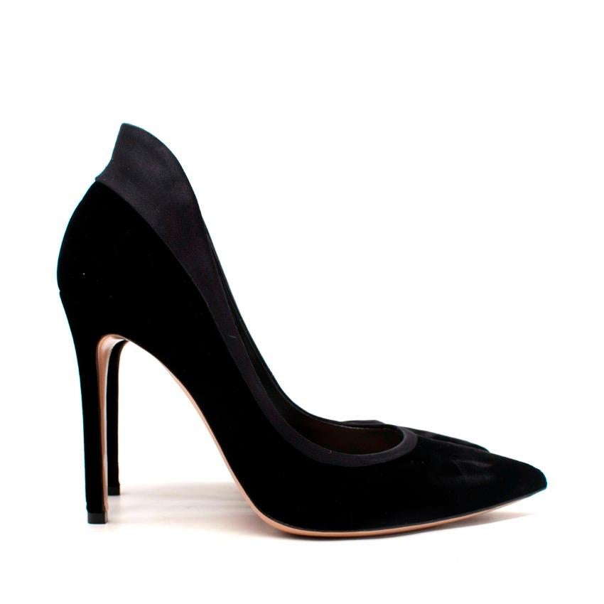 Gianvito Rossi Tuxedo Black Velvet Satin Trimmed Pumps

- Inspired by the contrast lapels on a tuxedo jacket
- Inky black velvet upper, trimmed with a narrow satin band that flares elegantly up the back of the heel
- Pointed toe
- Set on a stiletto