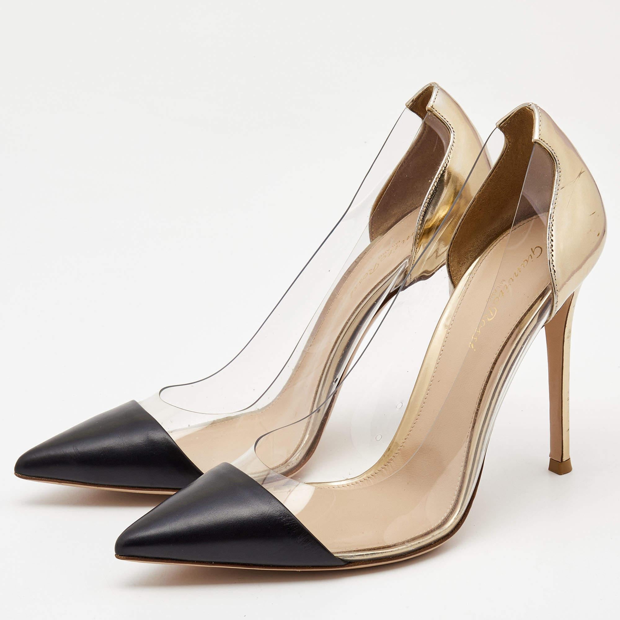 Make a chic style statement with these designer pumps. They showcase sturdy heels and durable soles perfect for your fashionable outings